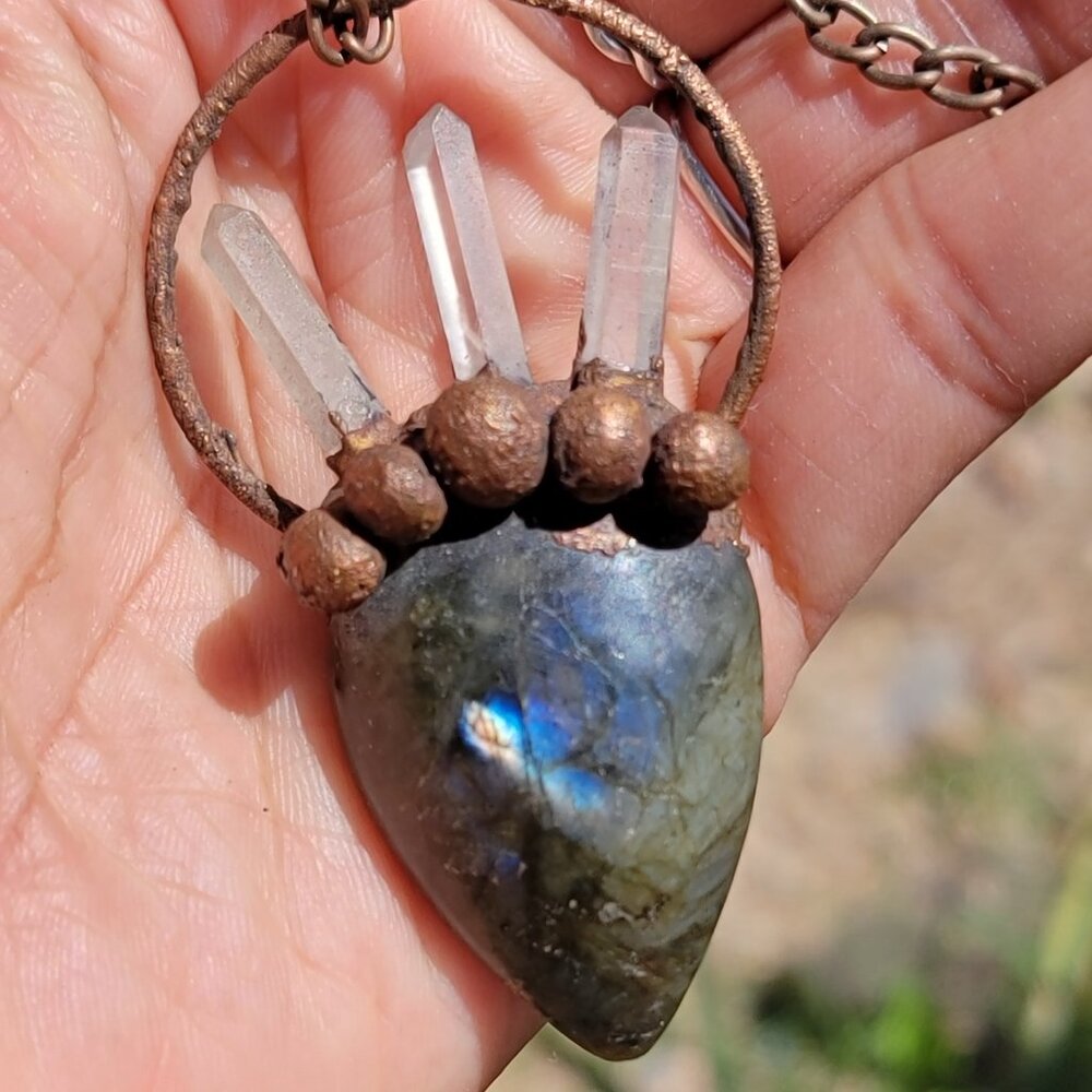 Artisan handmade flashy labradorite electroformed quartz points necklace
